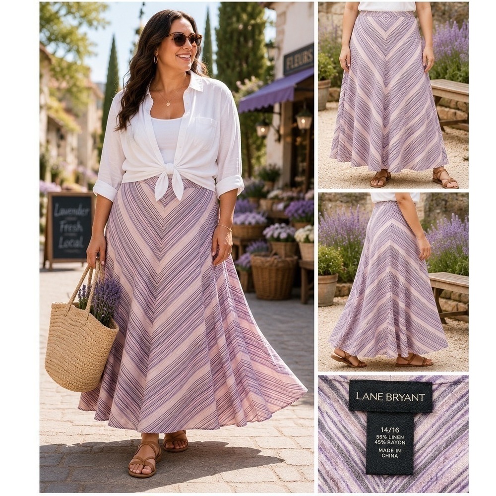 Lane Bryant Womens Purple Chevron Stripe Linen Blend Maxi Skirt Plus Size 14/16